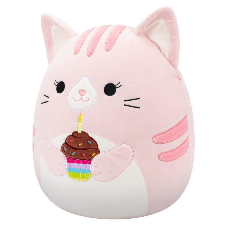14-Inch Laura the Pink Tabby Cat Holding Birthday Cupcake