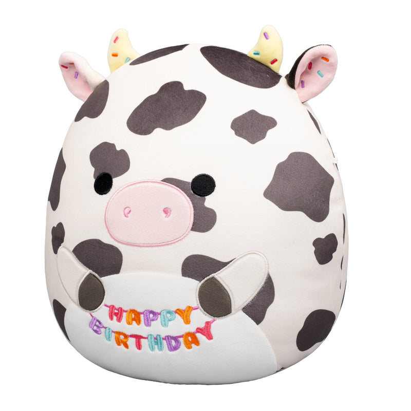 12-Inch Colin the Black and White Cow Holding Birthday Sign